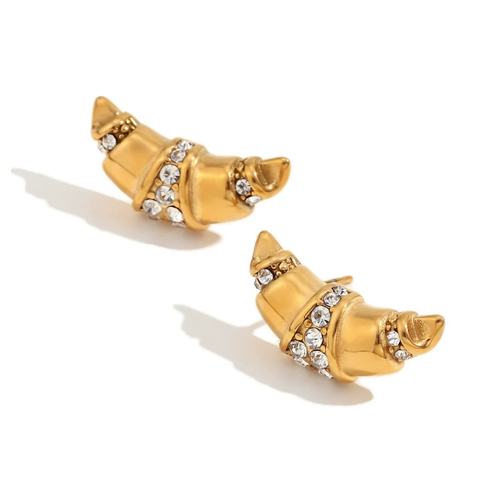Wholesale Geometric Stainless Steel 18K Gold Plated Casting Microset Rhinestone Horn Earrings For Women - Image 4