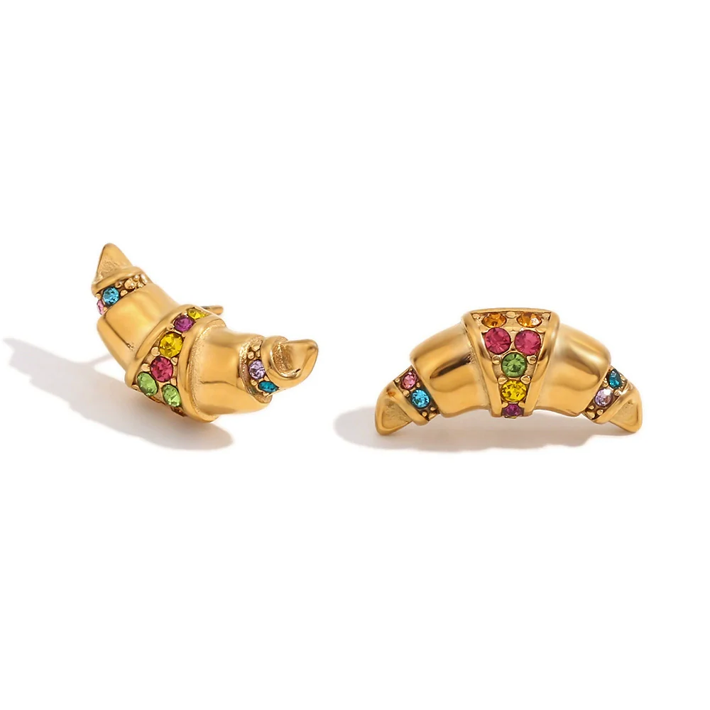 Wholesale Geometric Stainless Steel 18K Gold Plated Casting Microset Rhinestone Horn Earrings For Women - Image 5