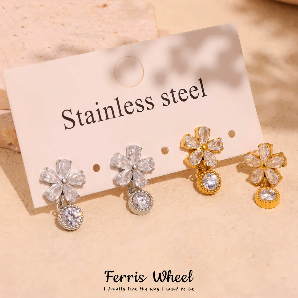 Wholesale Geometric Stainless Steel And Zircon Electroplated Five Leaf Flower Water Drop Ferris Wheel Earrings For Women