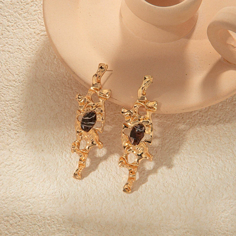 Wholesale Geometric Stainless Steel Antique Style Irregular Metal Alloy Opal Ear Studs Earrings With Electroplating - Image 2