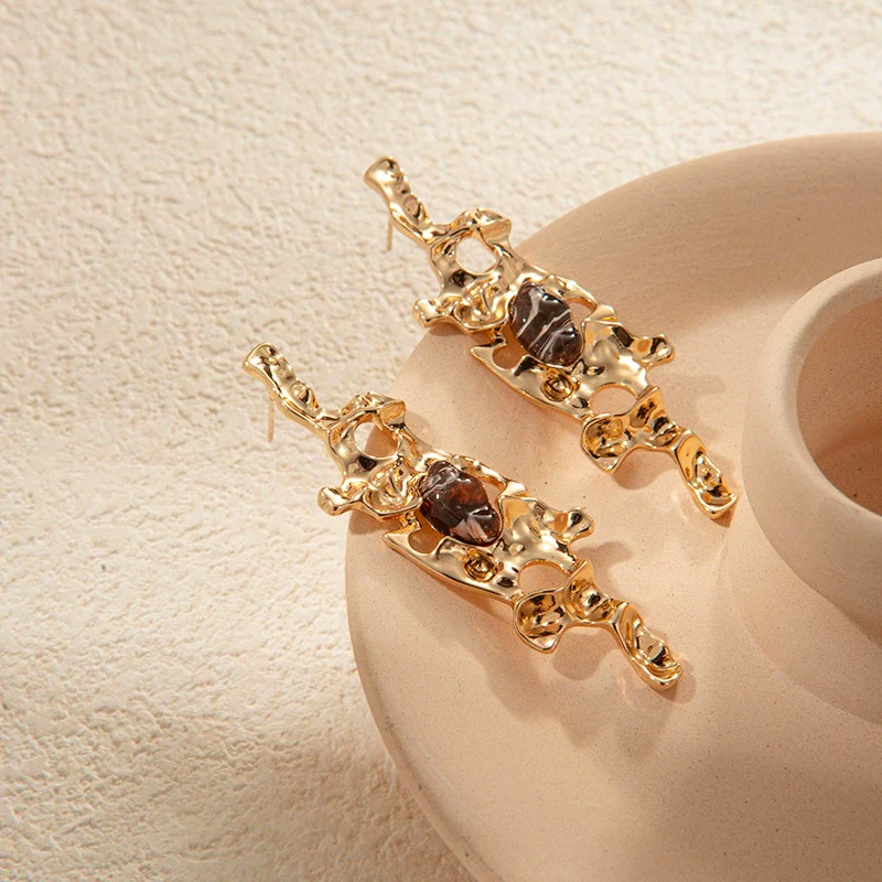 Wholesale Geometric Stainless Steel Antique Style Irregular Metal Alloy Opal Ear Studs Earrings With Electroplating - Image 3