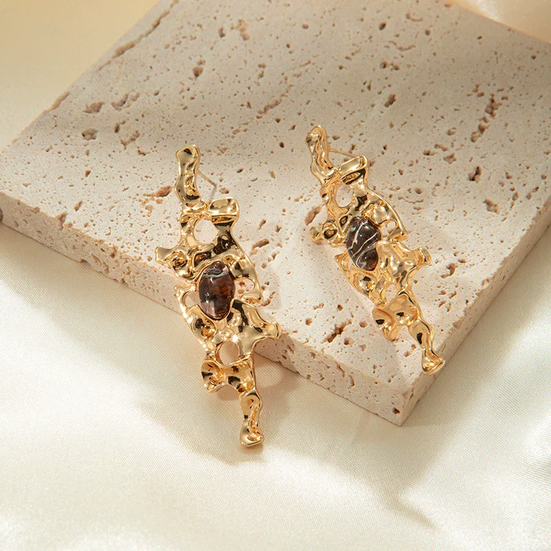 Wholesale Geometric Stainless Steel Antique Style Irregular Metal Alloy Opal Ear Studs Earrings With Electroplating - Image 4