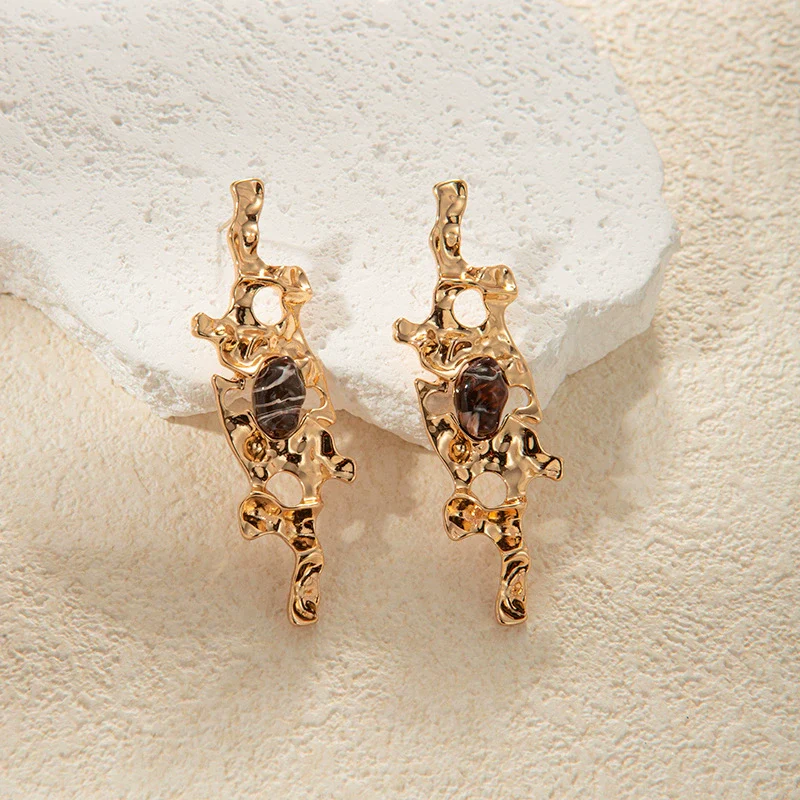 Wholesale Geometric Stainless Steel Antique Style Irregular Metal Alloy Opal Ear Studs Earrings With Electroplating - Image 6