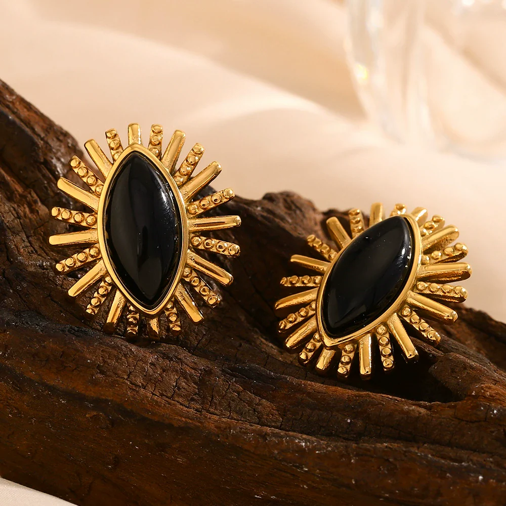 Wholesale Geometric Stainless Steel Electroplated 18K Gold Black Onyx Eyes Earrings For Women - Image 4