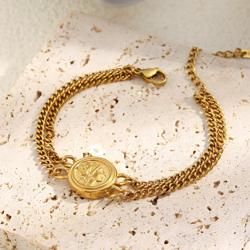 Wholesale Geometric Stainless Steel Electroplated 18K Gold Double Chain Queen Head Bracelet For Women
