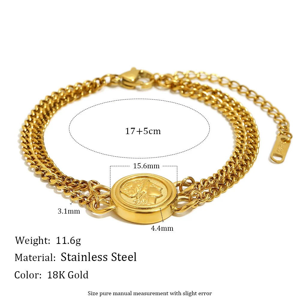 Wholesale Geometric Stainless Steel Electroplated 18K Gold Double Chain Queen Head Bracelet For Women - Image 2