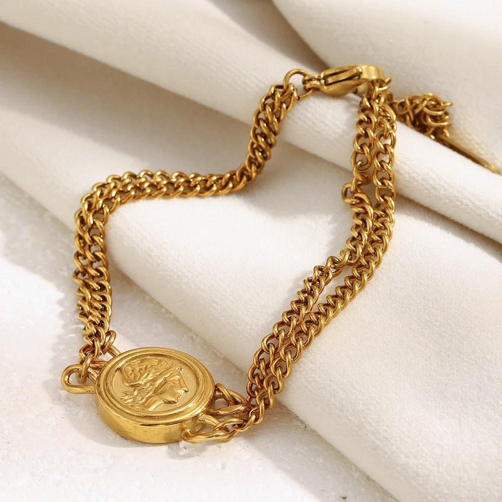 Wholesale Geometric Stainless Steel Electroplated 18K Gold Double Chain Queen Head Bracelet For Women - Image 4