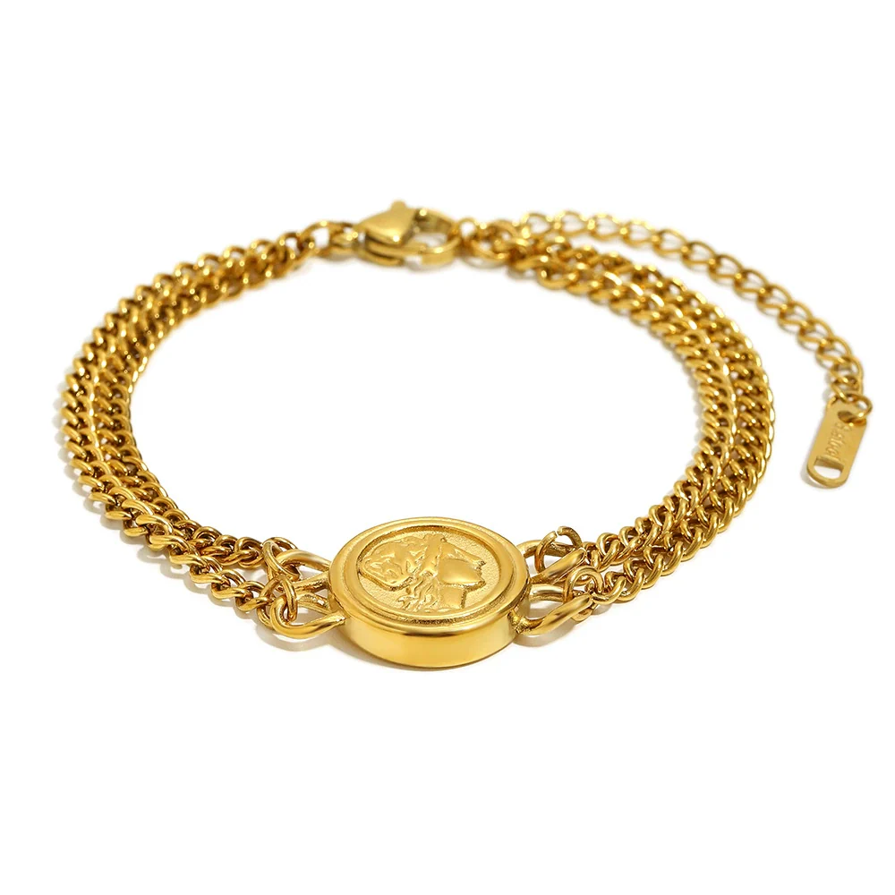 Wholesale Geometric Stainless Steel Electroplated 18K Gold Double Chain Queen Head Bracelet For Women - Image 5