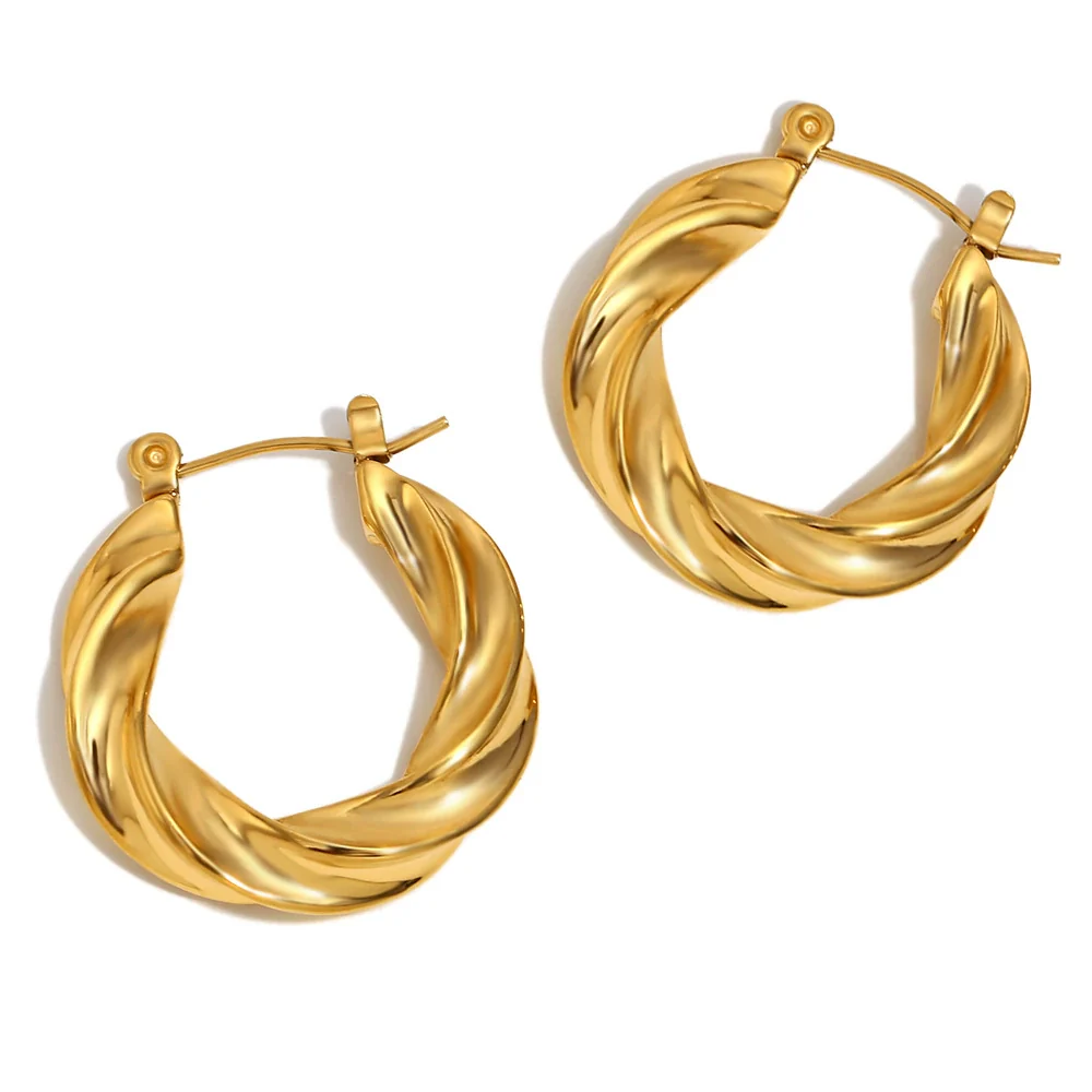 Wholesale Geometric Stainless Steel Electroplated 18K Gold Twisted Round Earrings For Women - Image 5