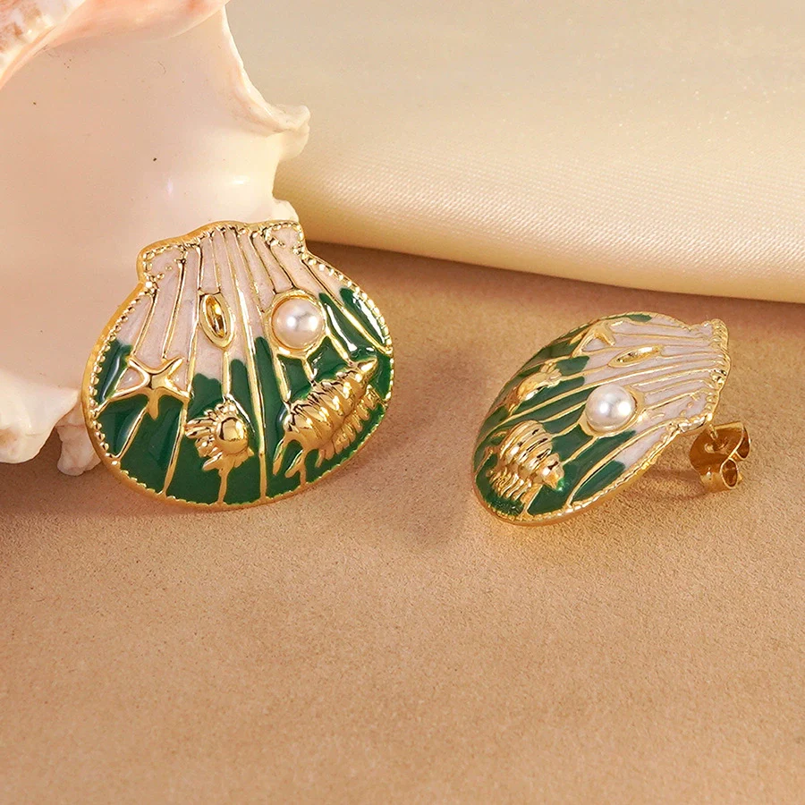 Wholesale Geometric Stainless Steel Electroplated Epoxy Shell Oil Drop Conch Starfish Earrings For Women - Image 6