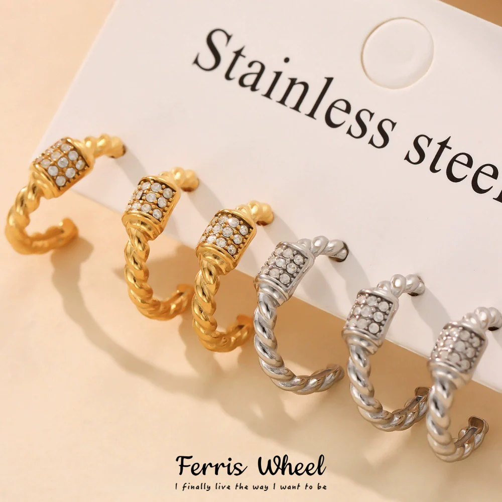 Wholesale Geometric Stainless Steel Electroplated Ferris Wheel Twist Cshaped Zircon Earrings For Women