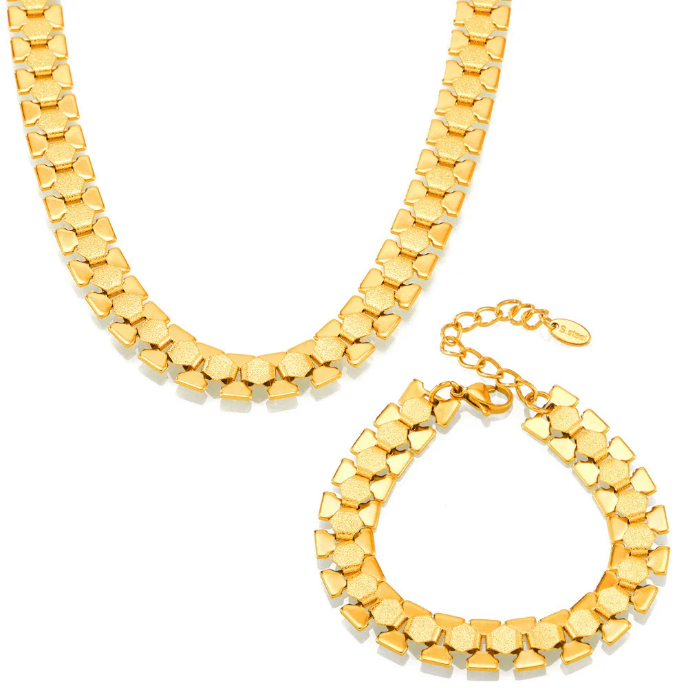 Wholesale Geometric Stitching 18K Gold Plated Titanium Steel Necklace And Bracelet Set For Women - Image 5