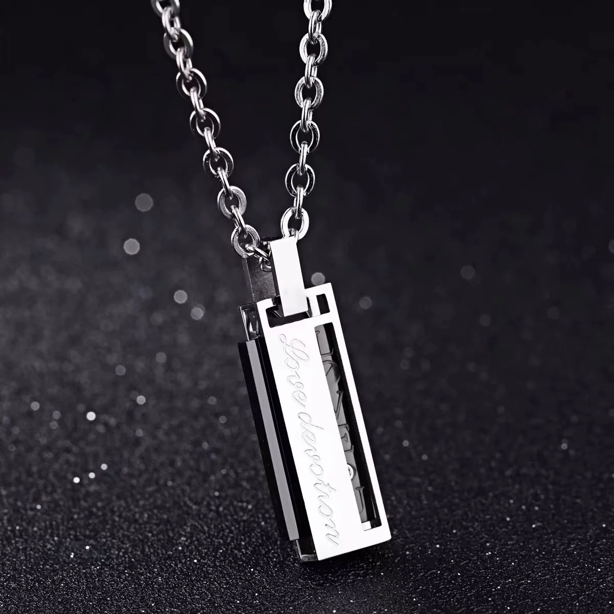 Wholesale Geometric Titanium Steel Electroplated Rectangular Zircon Pendant Ball Chain Unisex Couple Necklace Pair - Image 2