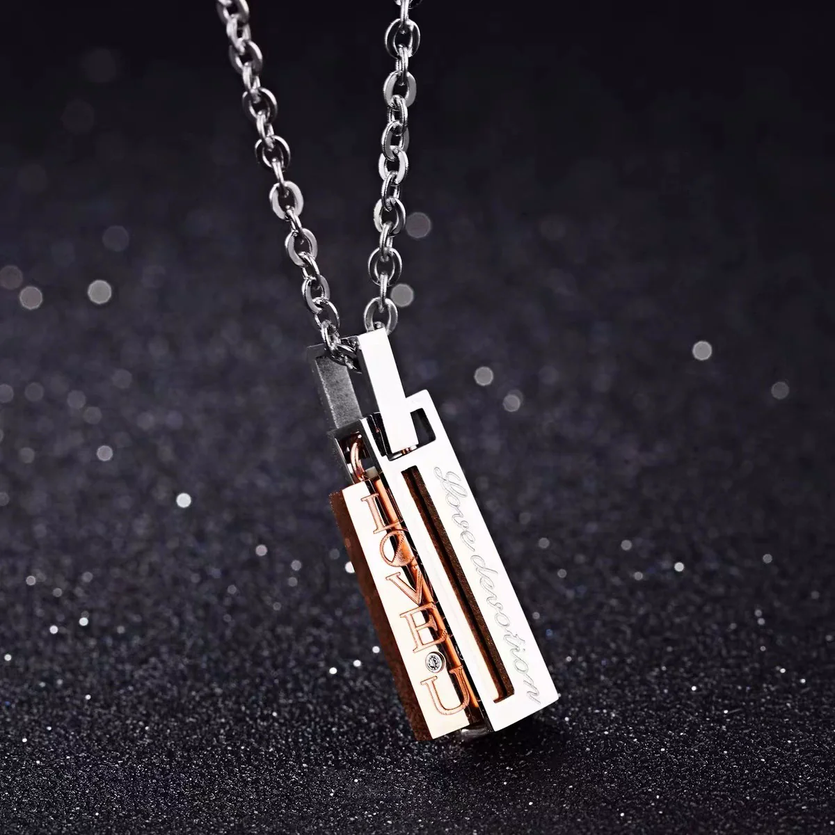 Wholesale Geometric Titanium Steel Electroplated Rectangular Zircon Pendant Ball Chain Unisex Couple Necklace Pair - Image 3