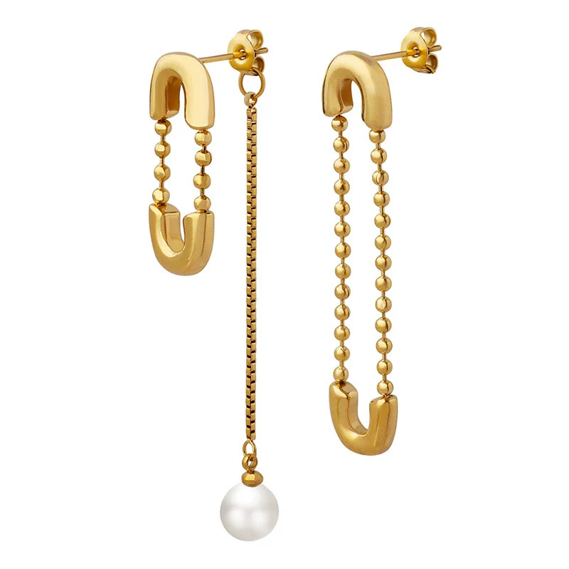 Wholesale Geometric Titanium Steel Electroplated Round Heart Tassel Faux Pearl Stud Earrings For Women - Image 5