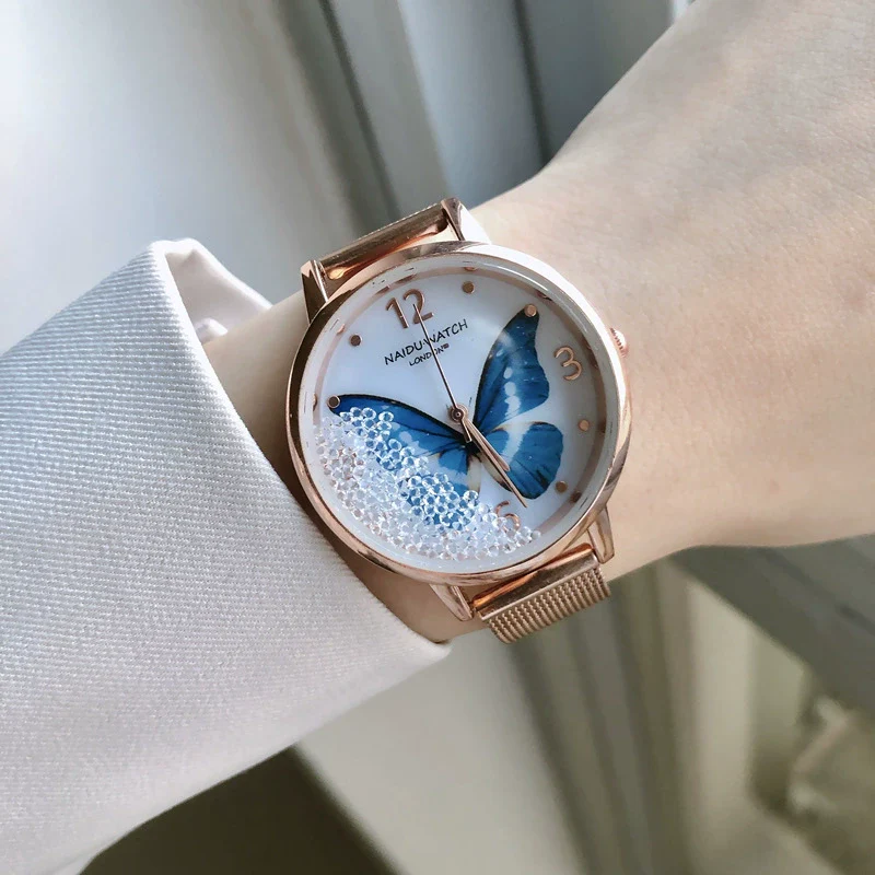 Wholesale Girl's Butterfly Alloy Case Stainless Steel Belt Round Dial Retro Style Bracelet Watch