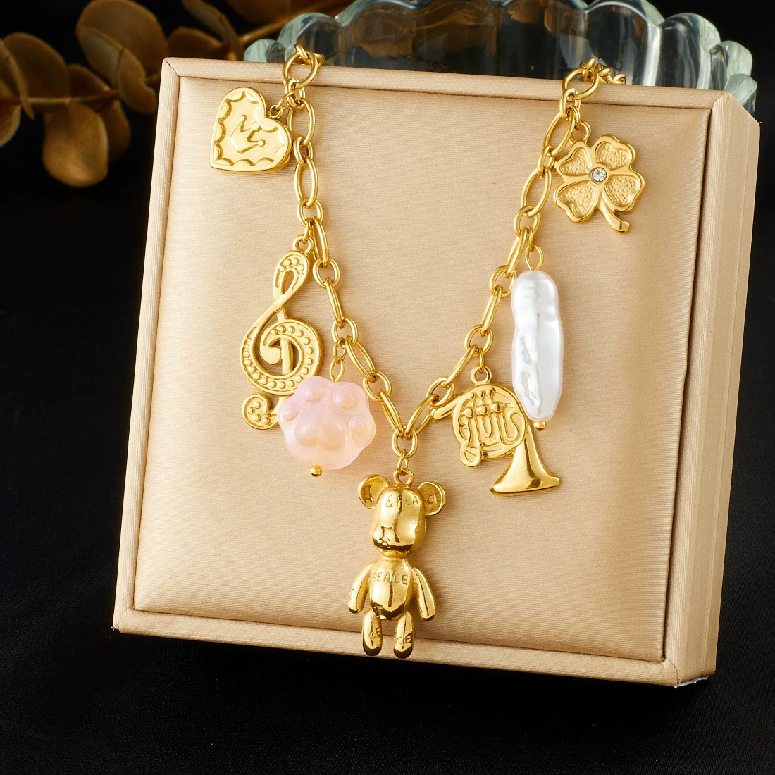 Wholesale Gold Plated Multi Element Pendant Necklace With Cartoon Bear Musical Note Crown Love Pendant Stainless Steel For Women