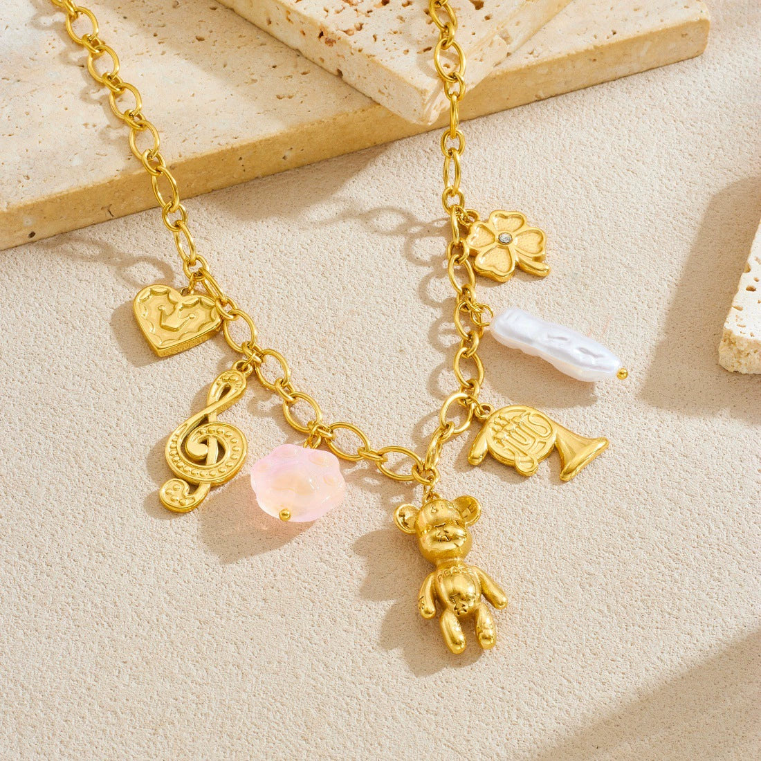 Wholesale Gold Plated Multi Element Pendant Necklace With Cartoon Bear Musical Note Crown Love Pendant Stainless Steel For Women - Image 2