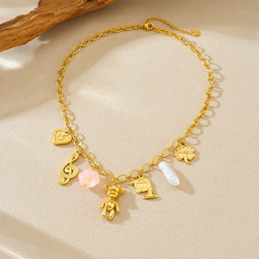 Wholesale Gold Plated Multi Element Pendant Necklace With Cartoon Bear Musical Note Crown Love Pendant Stainless Steel For Women - Image 3