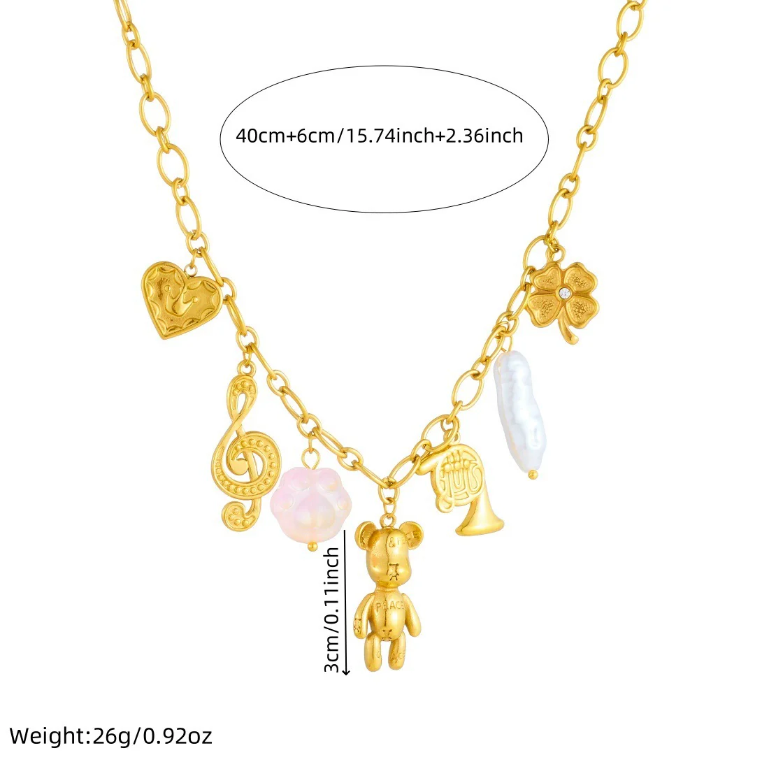 Wholesale Gold Plated Multi Element Pendant Necklace With Cartoon Bear Musical Note Crown Love Pendant Stainless Steel For Women - Image 4