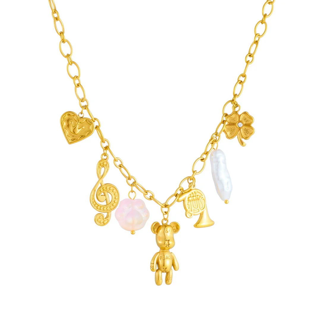 Wholesale Gold Plated Multi Element Pendant Necklace With Cartoon Bear Musical Note Crown Love Pendant Stainless Steel For Women - Image 5