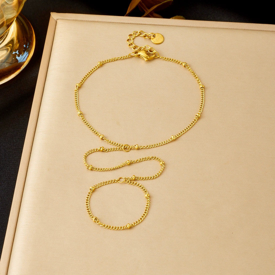 Wholesale Gold Plated Stainless Steel Women's Hand Chain Ring Bracelet Jewelry