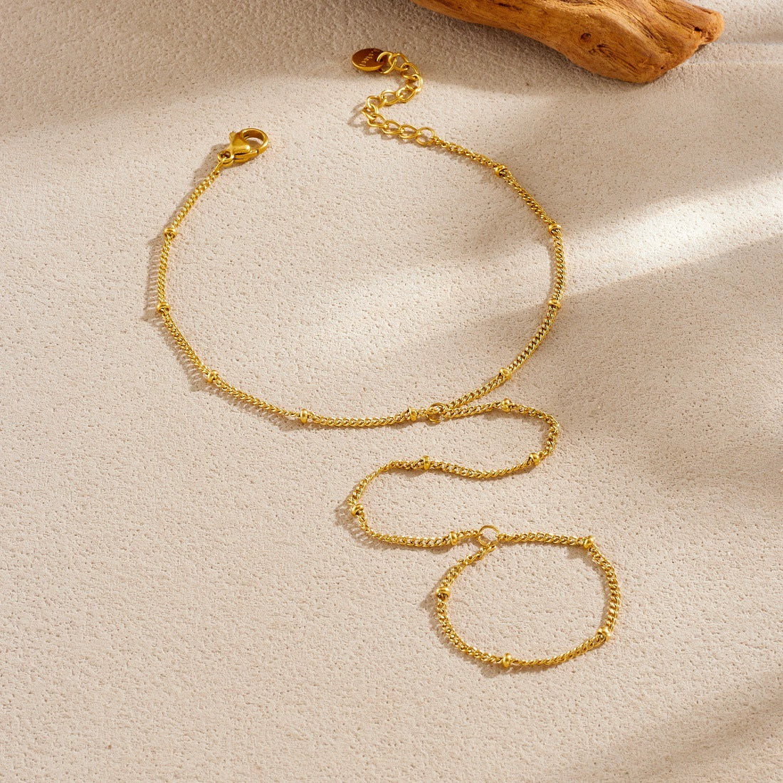 Wholesale Gold Plated Stainless Steel Women's Hand Chain Ring Bracelet Jewelry - Image 2