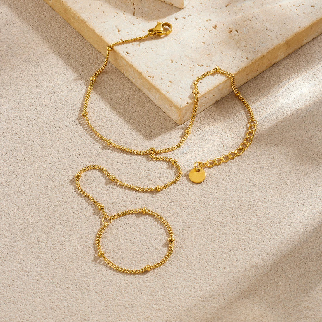 Wholesale Gold Plated Stainless Steel Women's Hand Chain Ring Bracelet Jewelry - Image 3