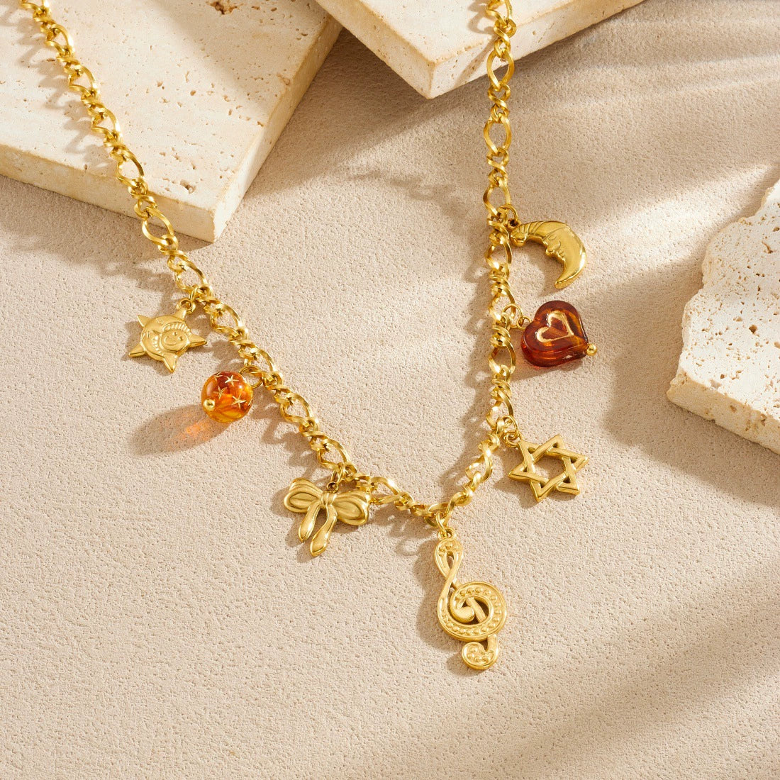 Wholesale Goldplated Medieval Style Musical Note Bow Star Moon Face Stainless Steel Pendant Necklace With Flash O Chain For Women - Image 2