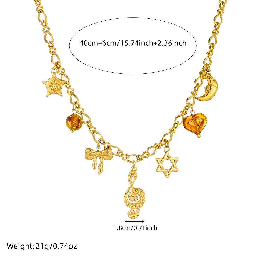Wholesale Goldplated Medieval Style Musical Note Bow Star Moon Face Stainless Steel Pendant Necklace With Flash O Chain For Women - Image 4