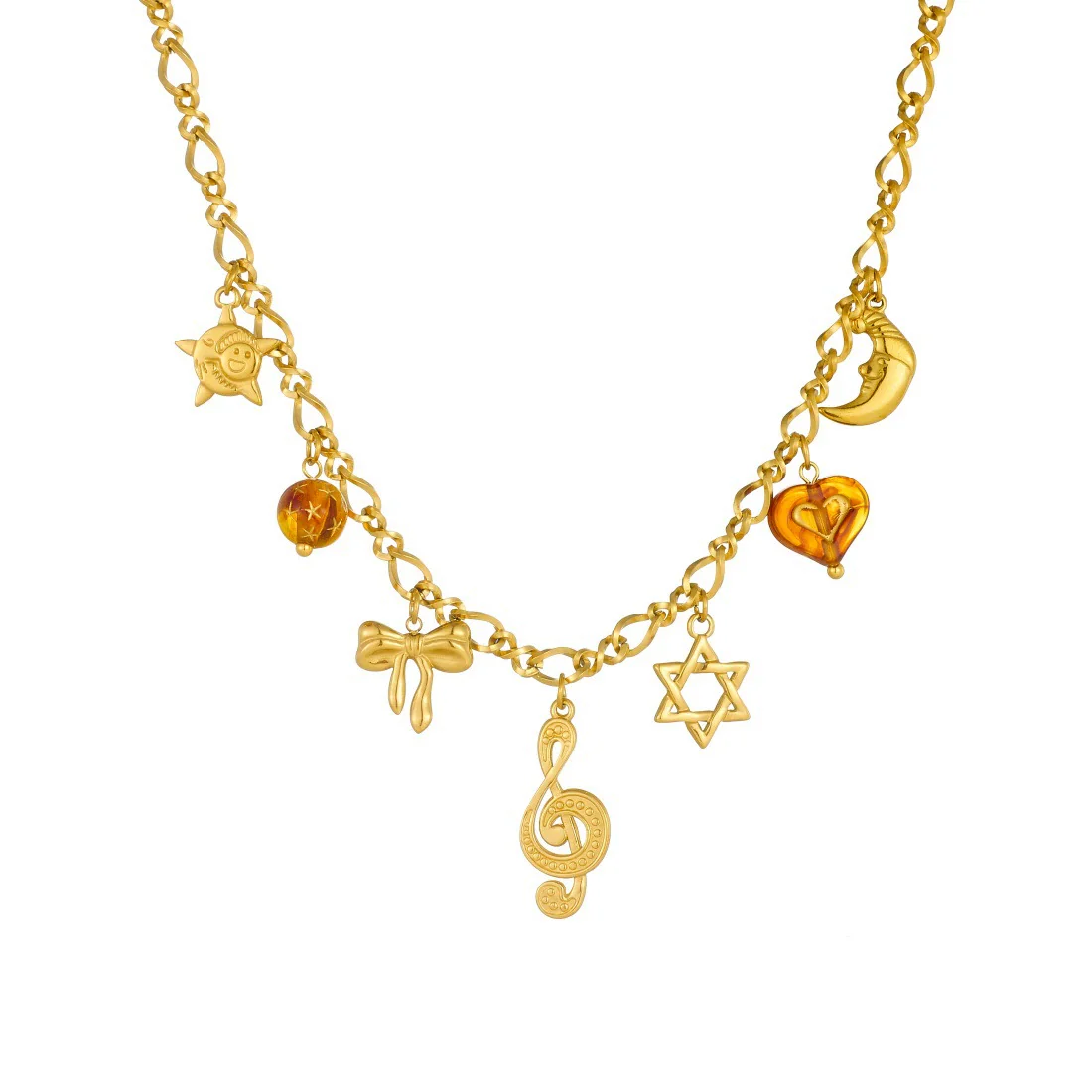 Wholesale Goldplated Medieval Style Musical Note Bow Star Moon Face Stainless Steel Pendant Necklace With Flash O Chain For Women - Image 5