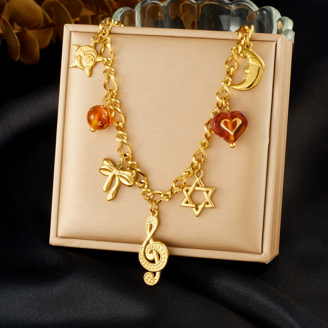 Wholesale Goldplated Medieval Style Musical Note Bow Star Moon Face Stainless Steel Pendant Necklace With Flash O Chain For Women - Image 6
