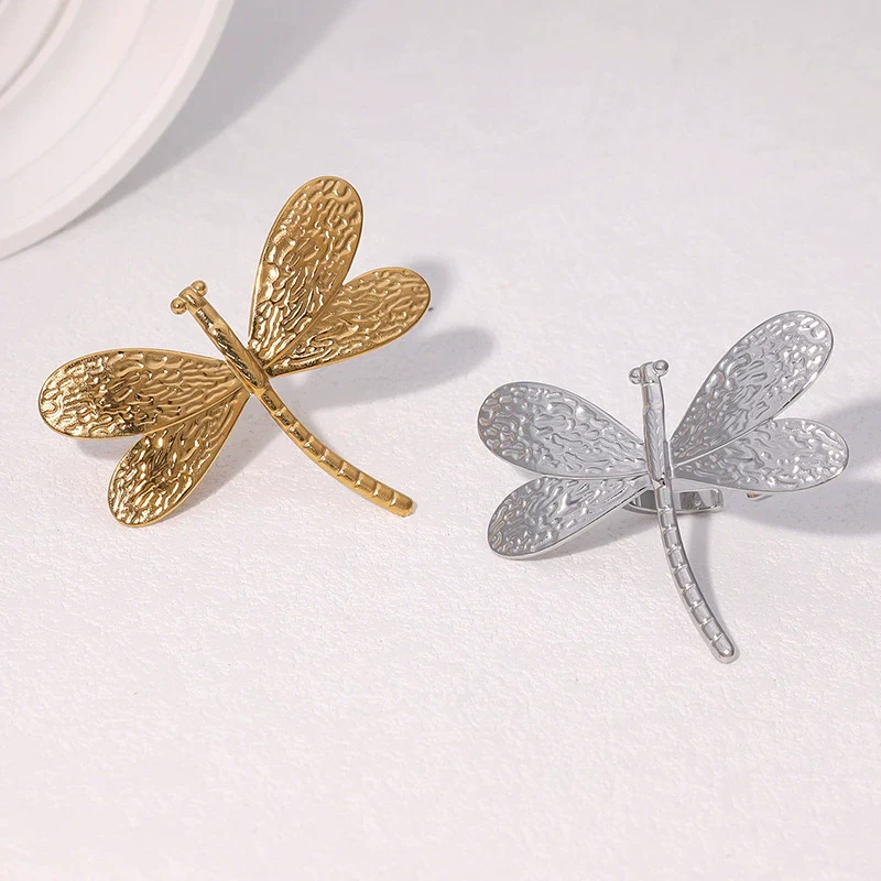 Wholesale Goldplated Stainless Steel Dragonfly Open Ring Jewelry For Women Simple Animal Style