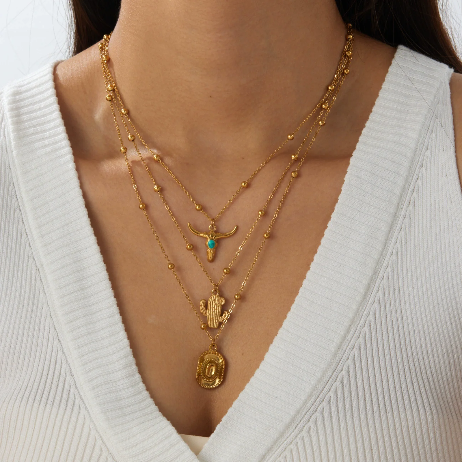 Wholesale Goldplated Stainless Steel Multilayered Cactus Pendant Necklace For Women In Medieval Style With Bead Chain - Image 2