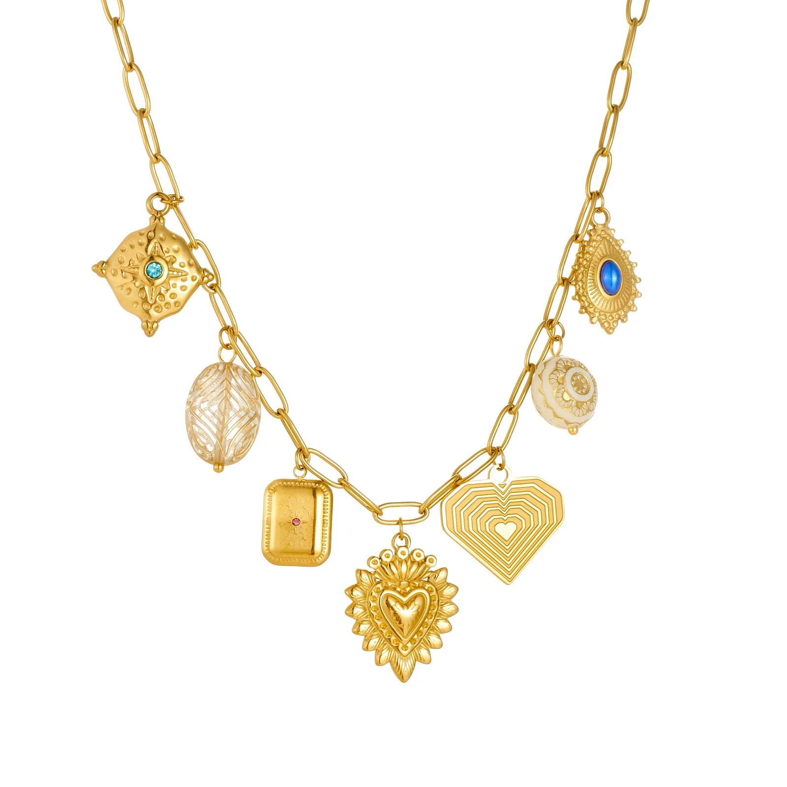 Wholesale Goldplated Stainless Steel Palace Style Heartshaped Pendant Necklace With Cross Round Chain For Women - Image 5