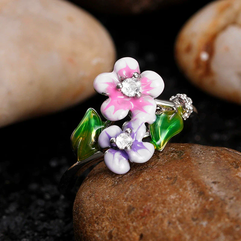 Wholesale Hand Jewelry Copper Sweet Flower Leaf Enamel Glue Zircon Ring For Women - Image 2