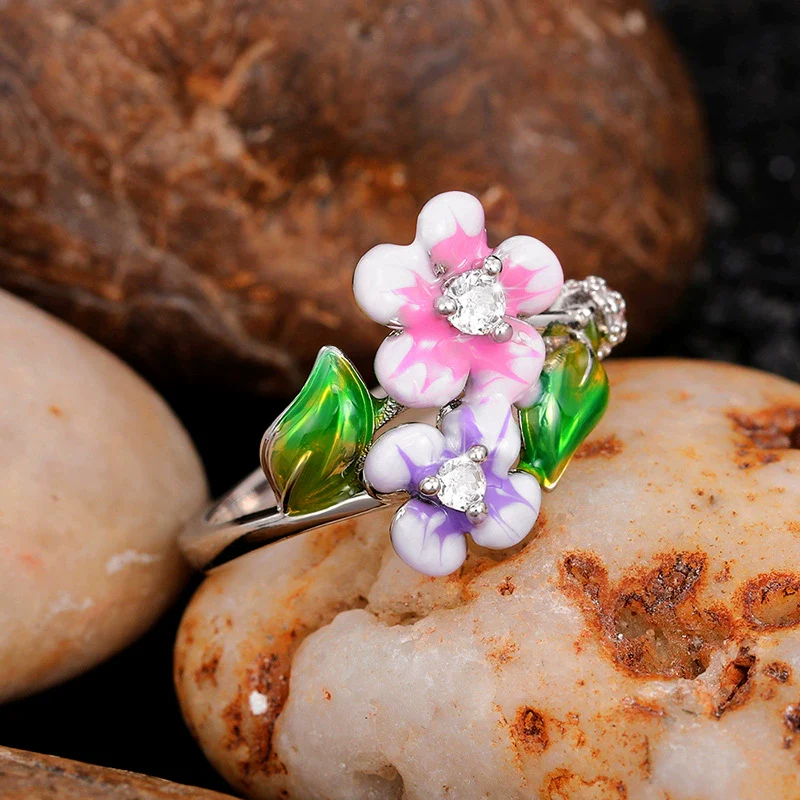Wholesale Hand Jewelry Copper Sweet Flower Leaf Enamel Glue Zircon Ring For Women - Image 3