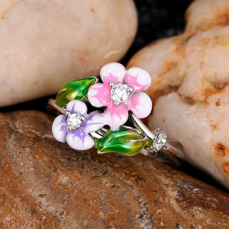Wholesale Hand Jewelry Copper Sweet Flower Leaf Enamel Glue Zircon Ring For Women - Image 4
