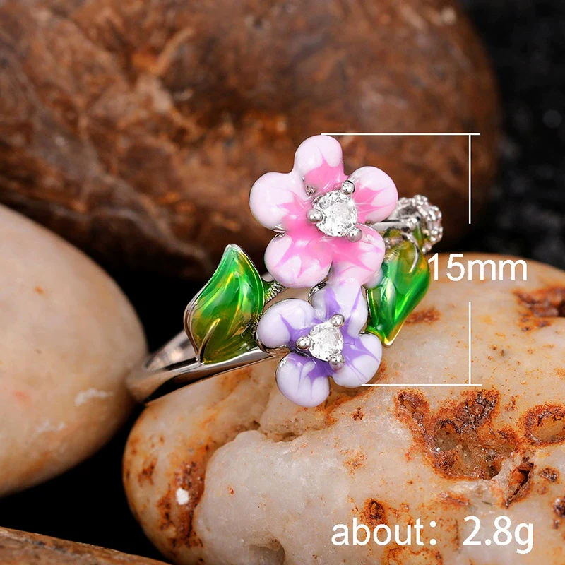 Wholesale Hand Jewelry Copper Sweet Flower Leaf Enamel Glue Zircon Ring For Women - Image 5