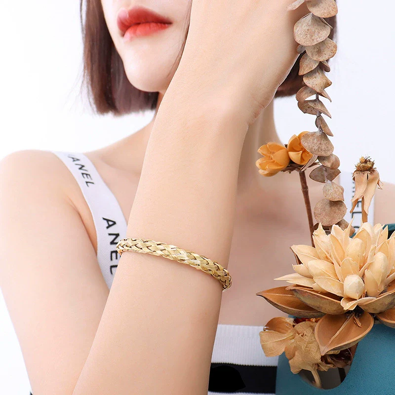 Wholesale Handmade Adjustable Woven Opening Bracelet Titanium Steel 18K Gold Plated Jewelry In Simple Style - Image 3