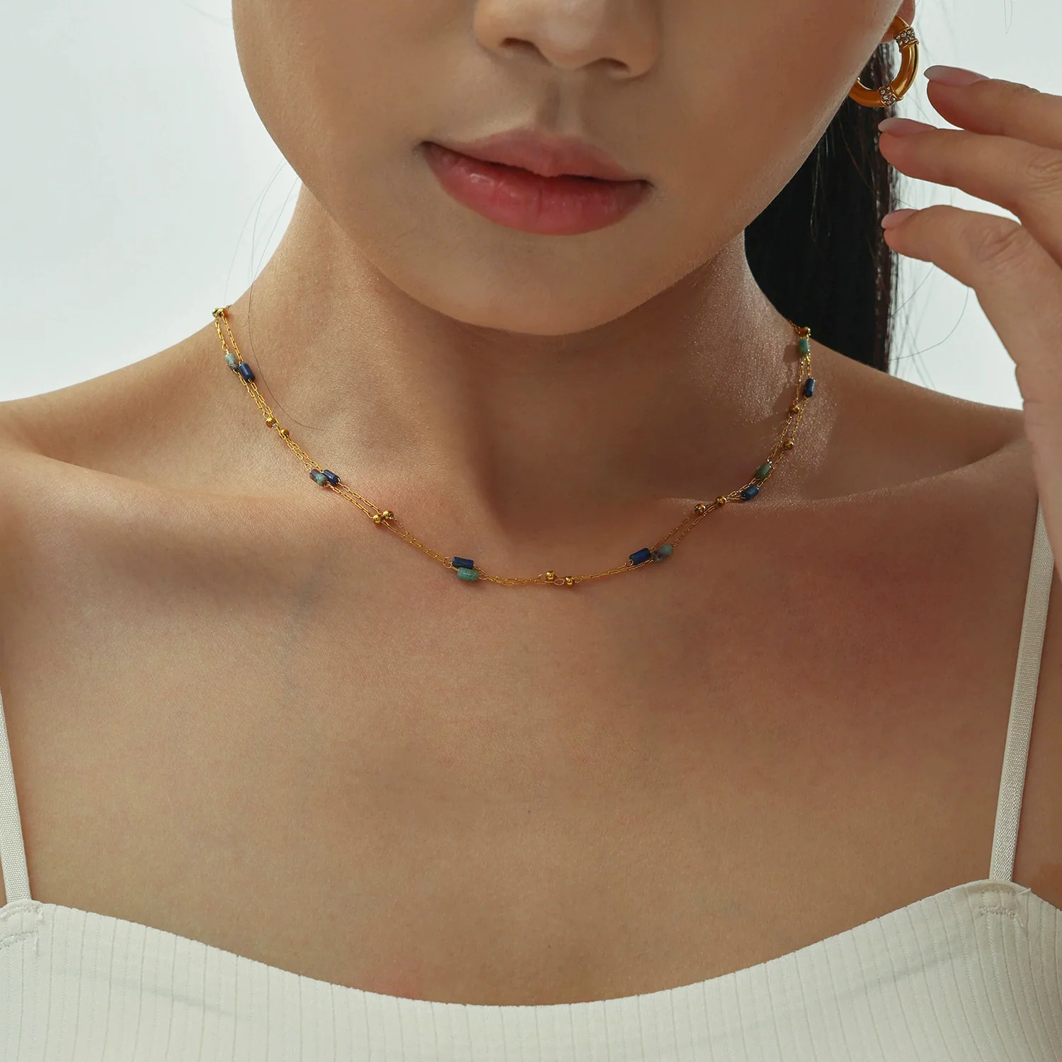 Wholesale Handmade Beaded Necklace For Women Ferris Wheel Design With Geometric Lapis Lazuli Pendant Stainless Steel Tiger Eye Stone Chain Gold Plated - Image 4