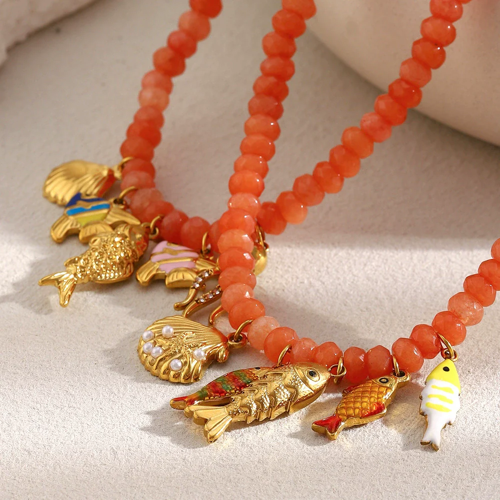 Wholesale Handmade Beaded Stainless Steel Electroplated 18K Gold Geometric Red Agate Marine Life Pendant Necklace For Women