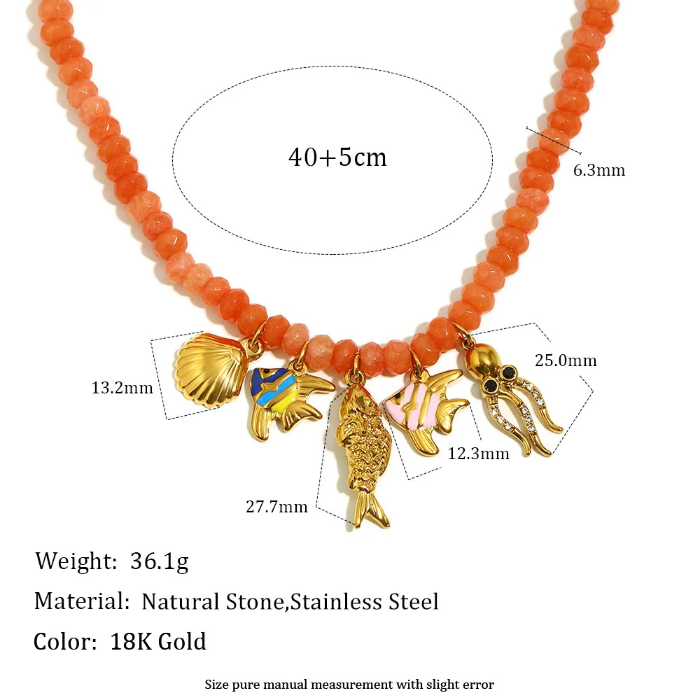Wholesale Handmade Beaded Stainless Steel Electroplated 18K Gold Geometric Red Agate Marine Life Pendant Necklace For Women - Image 2