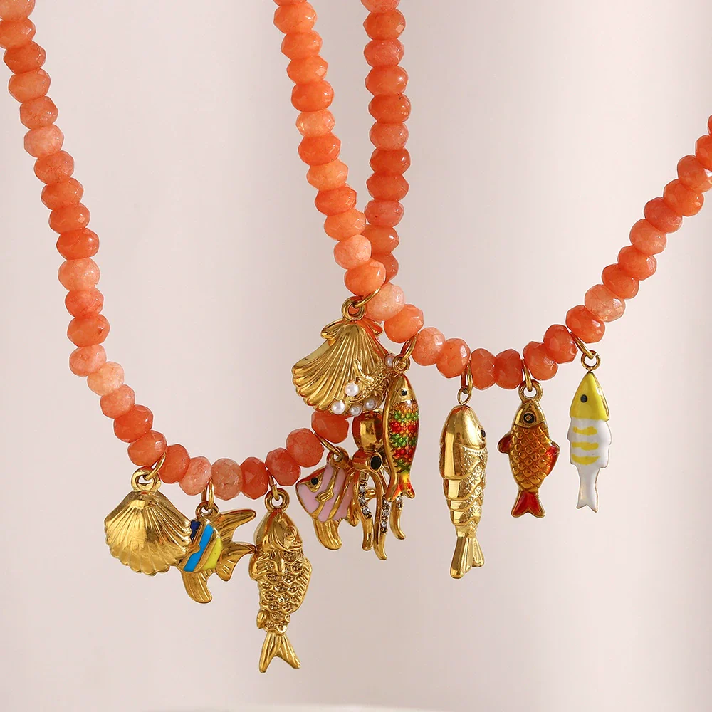 Wholesale Handmade Beaded Stainless Steel Electroplated 18K Gold Geometric Red Agate Marine Life Pendant Necklace For Women - Image 3