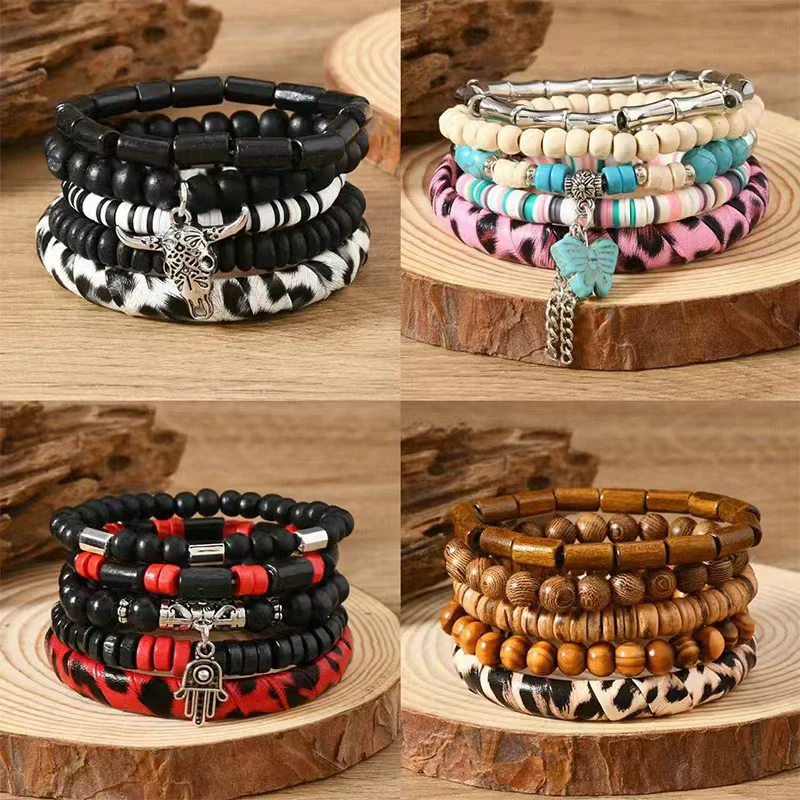 Wholesale Handmade Bohemian Style Geometric Wood Beaded Bull Head Palm Elastic Rope Bracelet Fivepiece Set Unisex