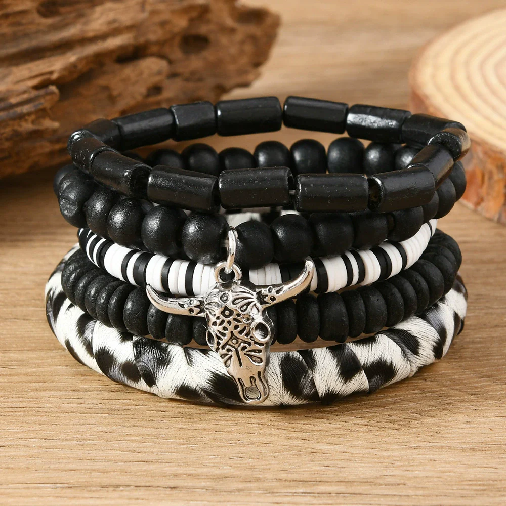 Wholesale Handmade Bohemian Style Geometric Wood Beaded Bull Head Palm Elastic Rope Bracelet Fivepiece Set Unisex - Image 2
