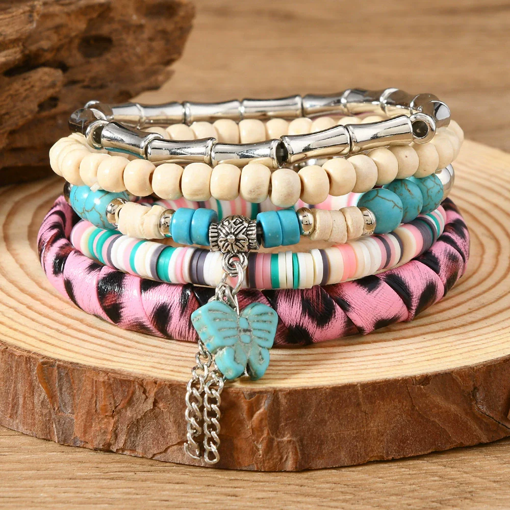 Wholesale Handmade Bohemian Style Geometric Wood Beaded Bull Head Palm Elastic Rope Bracelet Fivepiece Set Unisex - Image 3