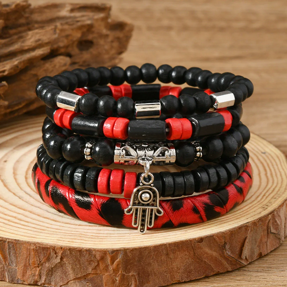 Wholesale Handmade Bohemian Style Geometric Wood Beaded Bull Head Palm Elastic Rope Bracelet Fivepiece Set Unisex - Image 4