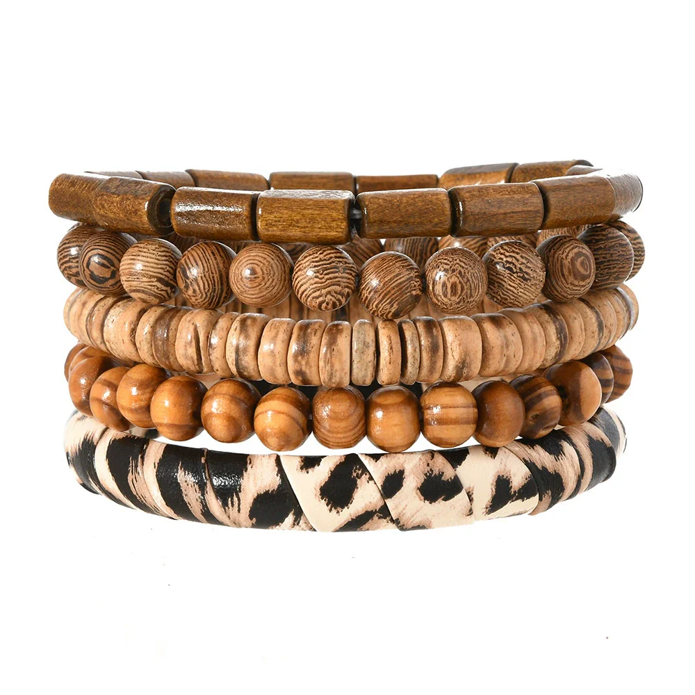 Wholesale Handmade Bohemian Style Geometric Wood Beaded Bull Head Palm Elastic Rope Bracelet Fivepiece Set Unisex - Image 5