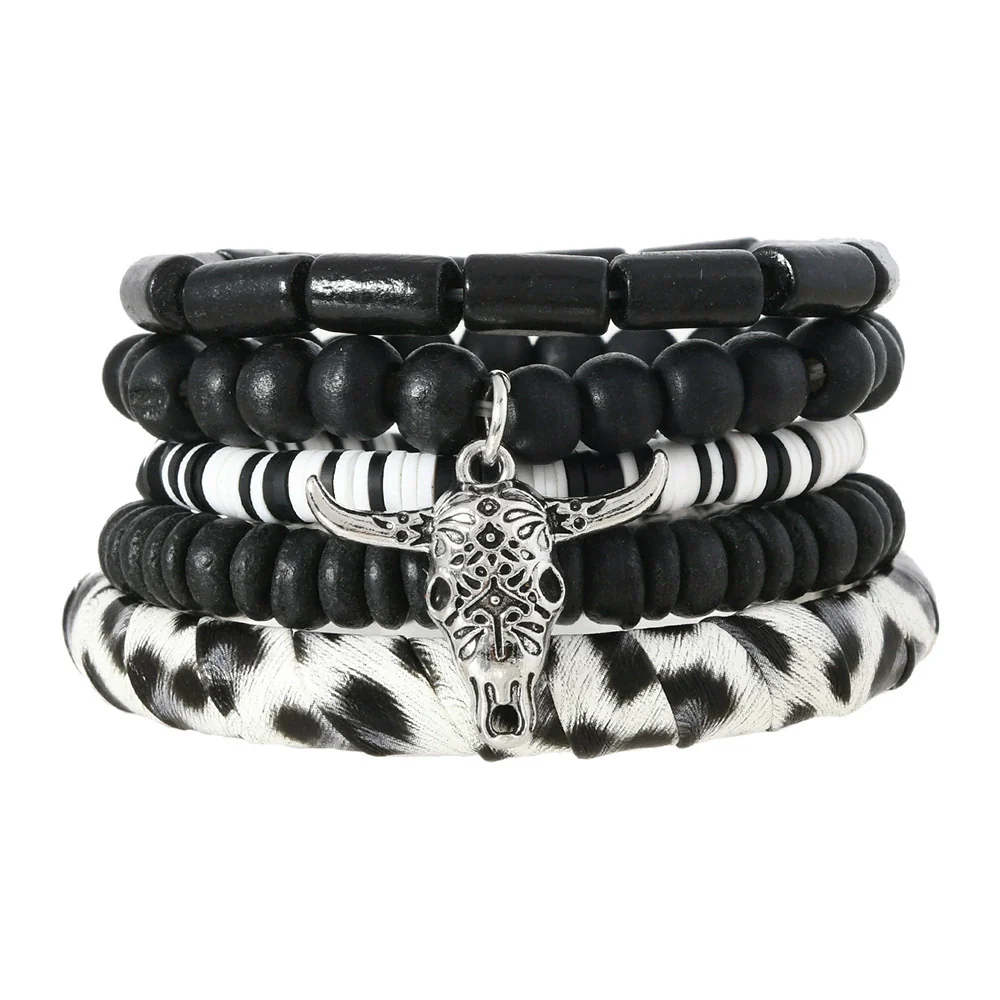 Wholesale Handmade Bohemian Style Geometric Wood Beaded Bull Head Palm Elastic Rope Bracelet Fivepiece Set Unisex - Image 6